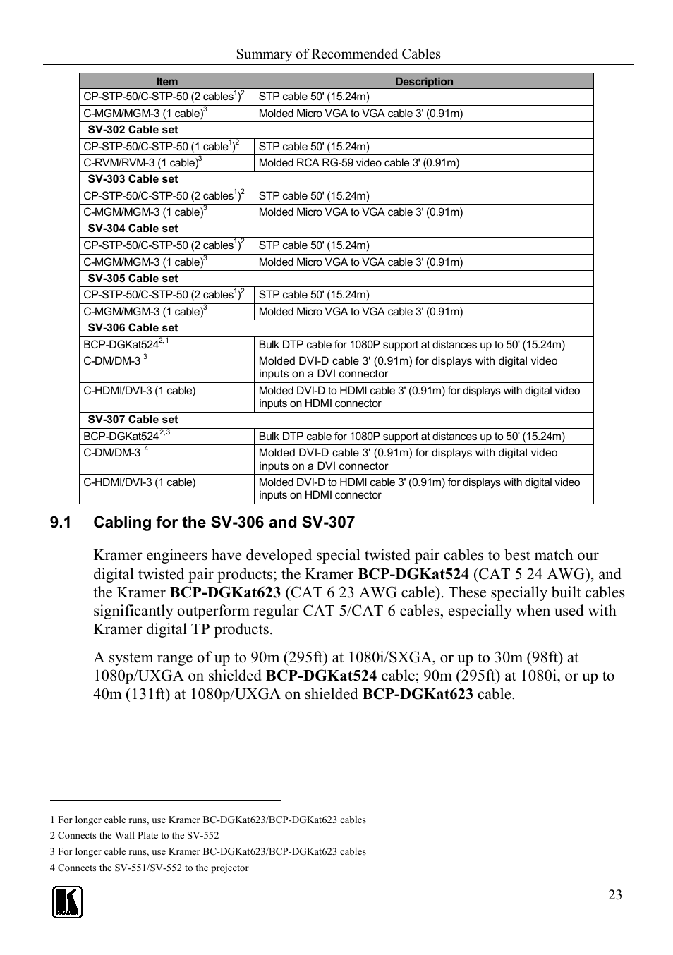 Cabling for the sv-306 and sv-307, Summary of recommended cables | Kramer Electronics SV-307 User Manual | Page 26 / 28