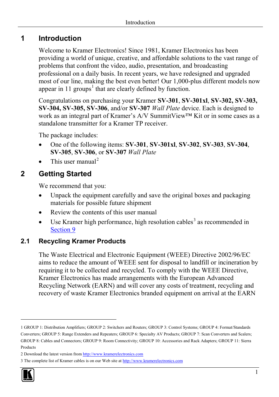 1 introduction, 2 getting started, Introduction | Getting started, Recycling kramer products, 1introduction, 2getting started | Kramer Electronics SV-307 User Manual | Page 4 / 28