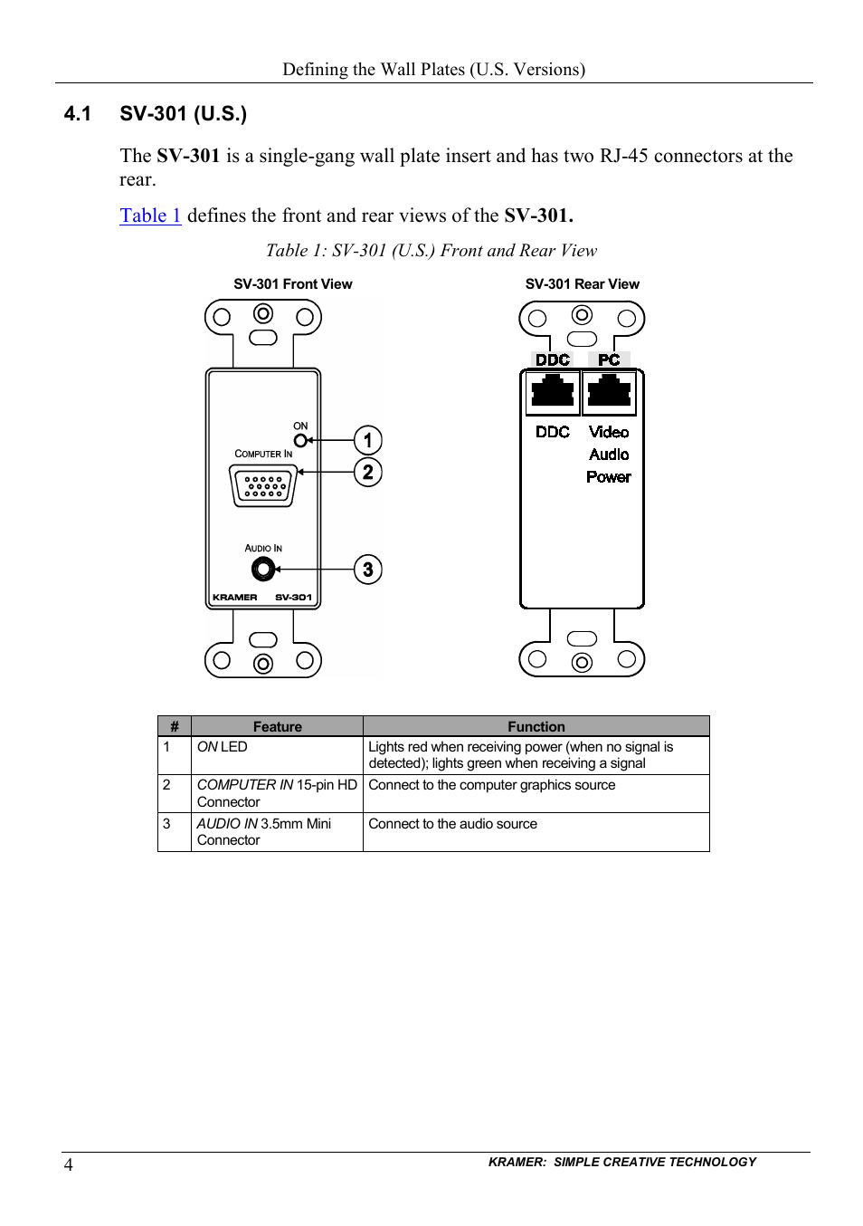 1 sv-301 (u.s.), Sv-301 (u.s.), Table 1: sv-301 (u.s.) front and rear view | Kramer Electronics SV-307 User Manual | Page 7 / 28