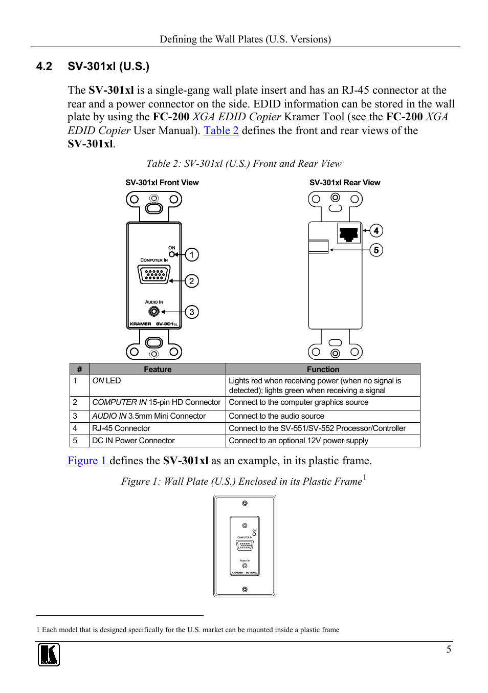 2 sv-301xl (u.s.), Sv-301xl (u.s.), Table 2: sv-301xl (u.s.) front and rear view | Kramer Electronics SV-307 User Manual | Page 8 / 28