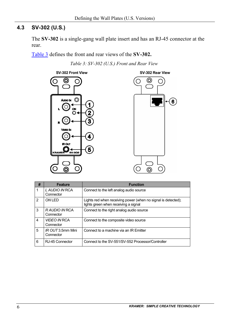 3 sv-302 (u.s.), Sv-302 (u.s.), Table 3: sv-302 (u.s.) front and rear view | Kramer Electronics SV-307 User Manual | Page 9 / 28