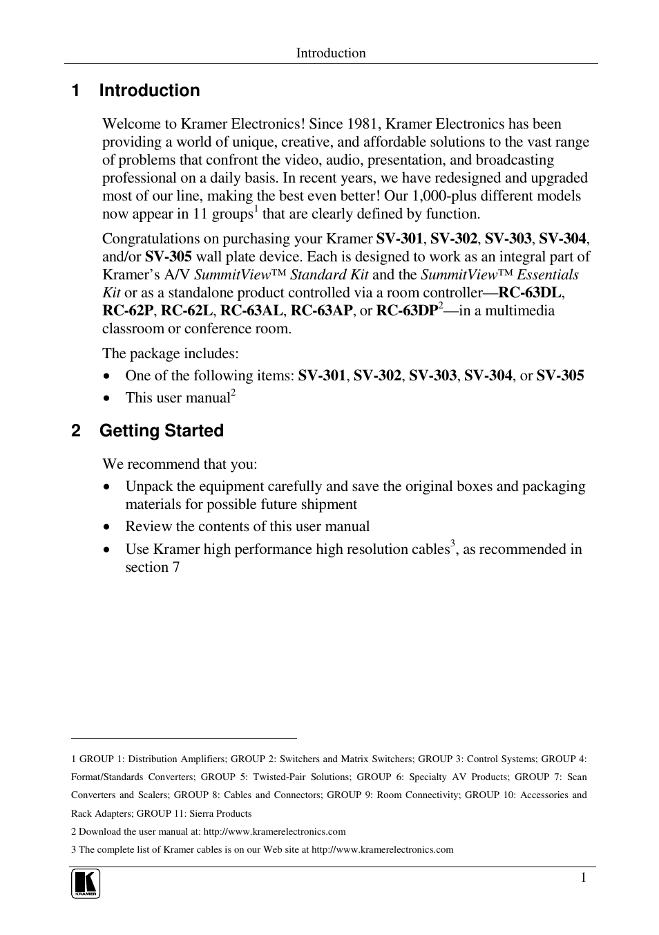 1 introduction, 2 getting started | Kramer Electronics SV-305 User Manual | Page 3 / 15