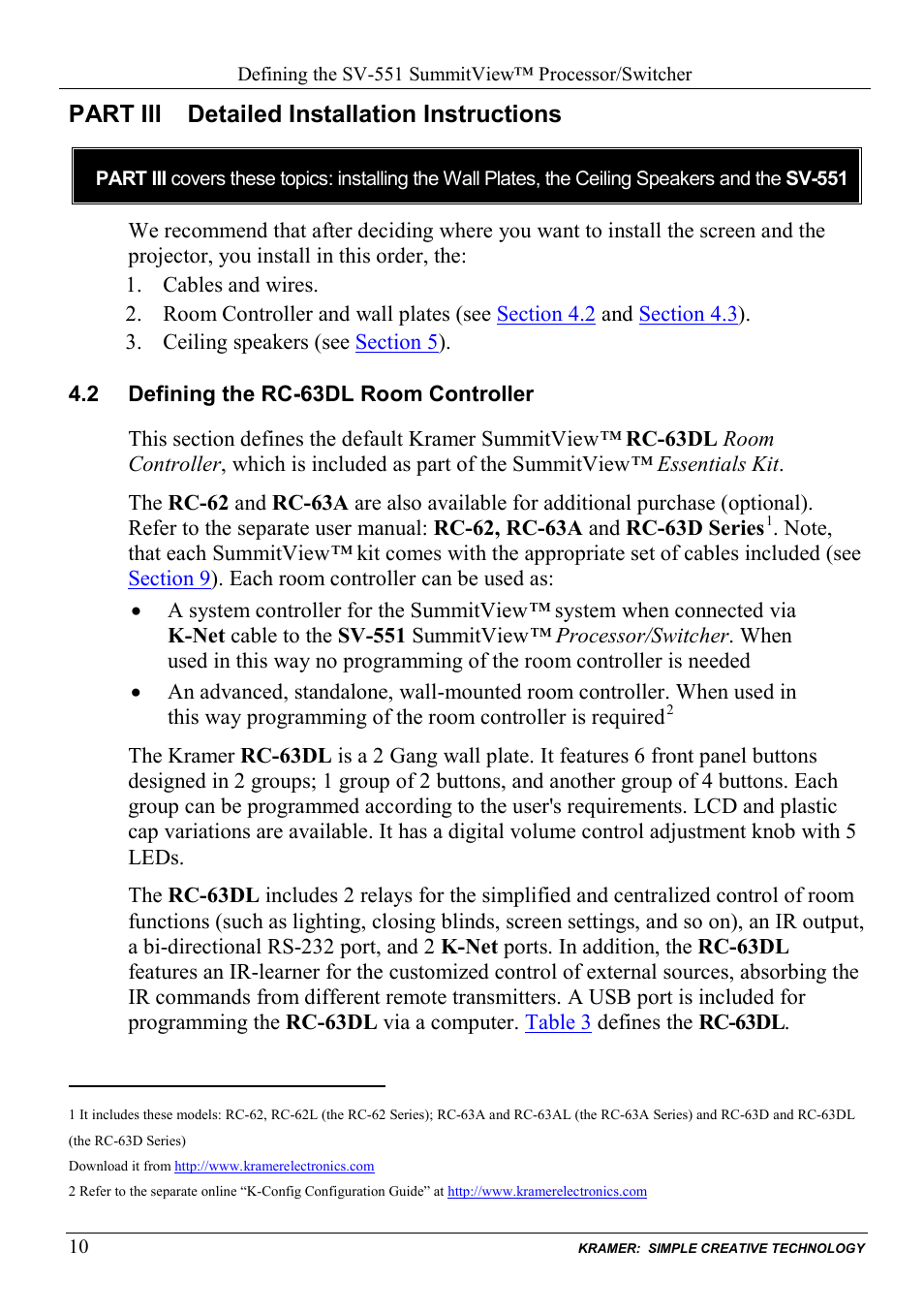 Part iii detailed installation instructions, 2 defining the rc-63dl room controller, Defining the rc-63dl room controller | Kramer Electronics SV-551ALC User Manual | Page 13 / 43