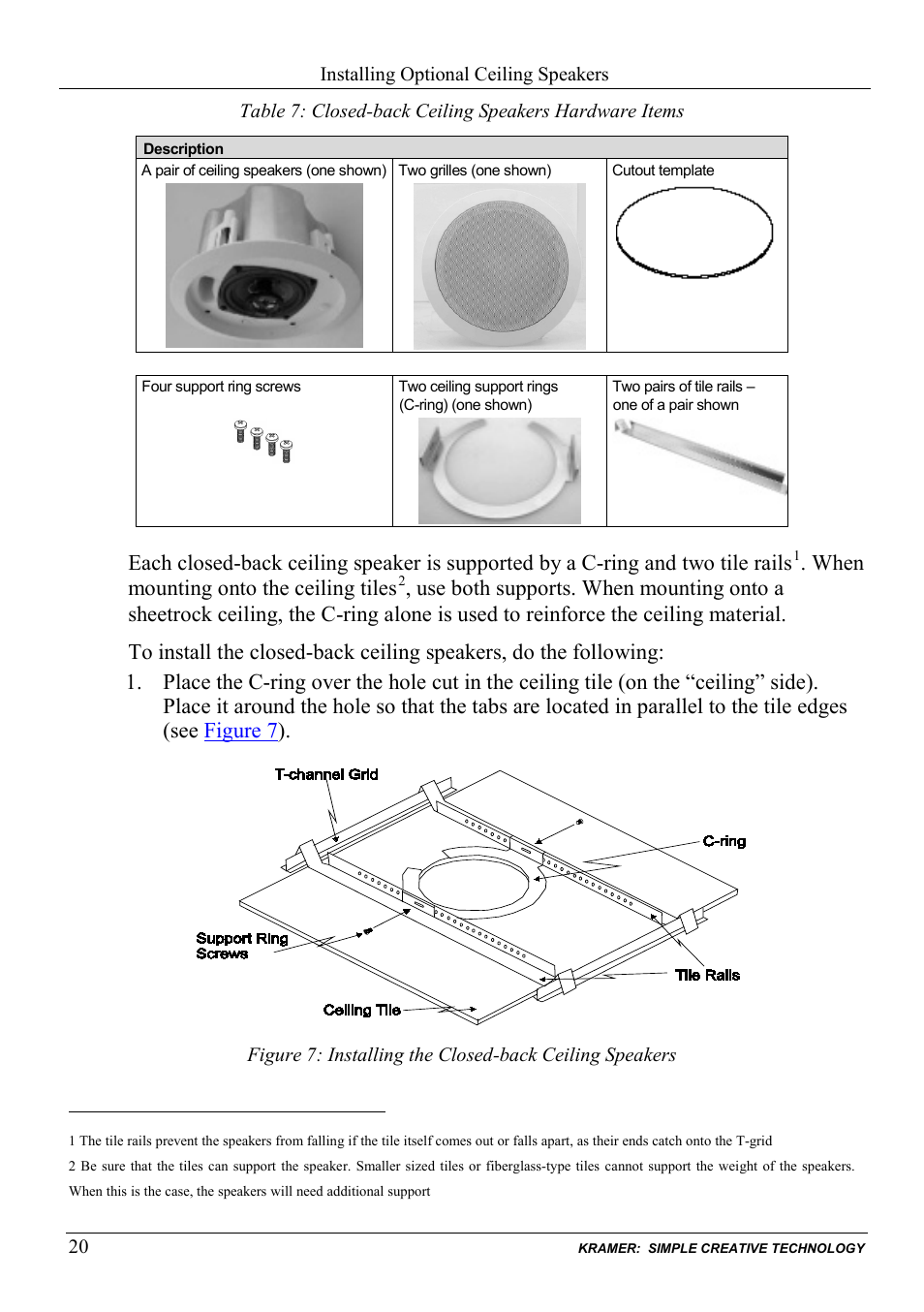 Table 7, When mounting onto the ceiling tiles | Kramer Electronics SV-551ALC User Manual | Page 23 / 43