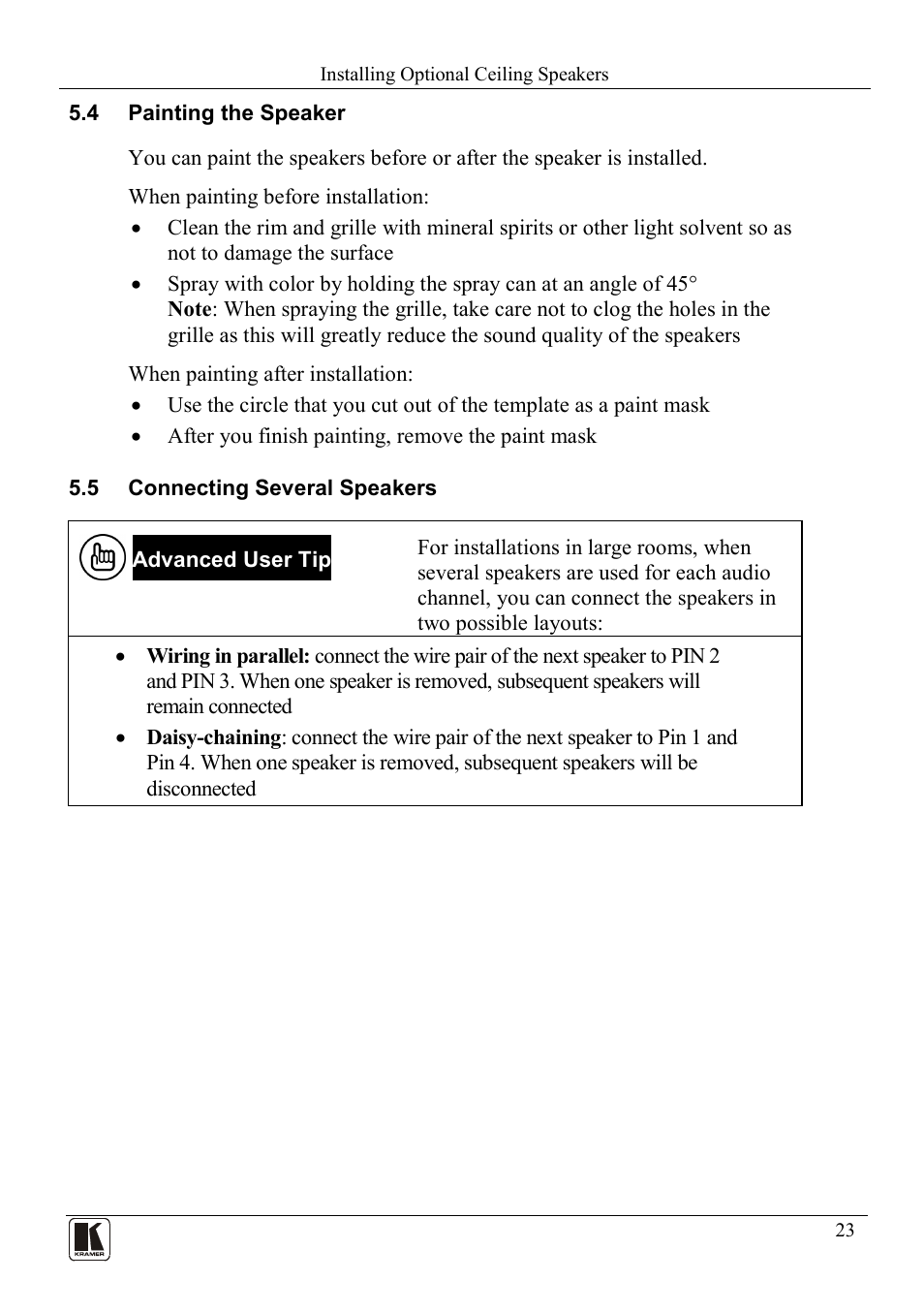 4 painting the speaker, 5 connecting several speakers, Painting the speaker | Connecting several speakers, Ection 5.4 | Kramer Electronics SV-551ALC User Manual | Page 26 / 43