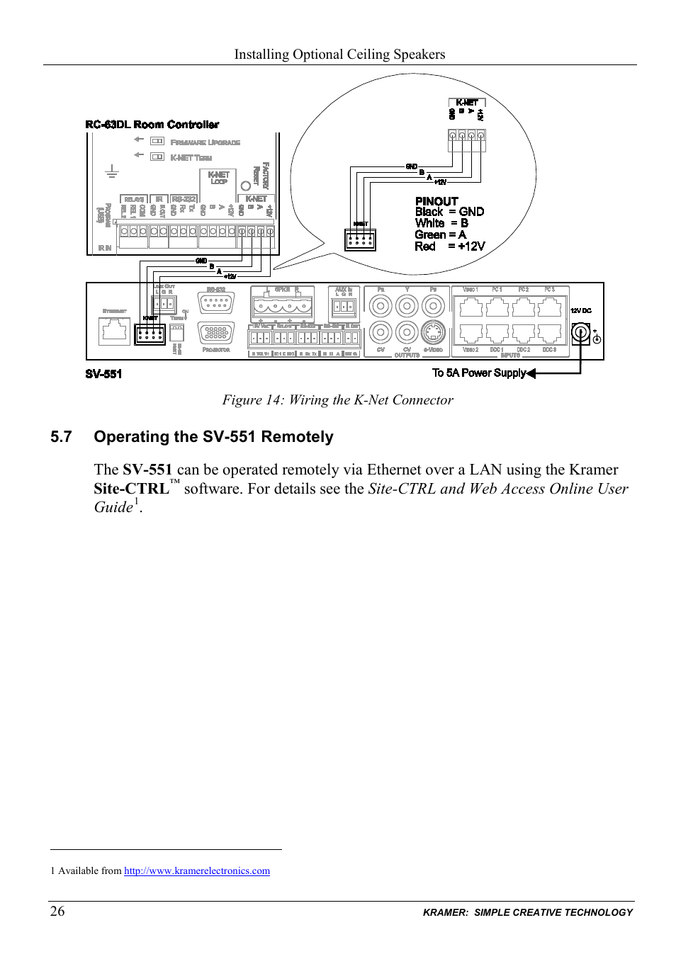 7 operating the sv-551 remotely, Operating the sv-551 remotely, Figure 14: wiring the k-net connector | Figure 14 | Kramer Electronics SV-551ALC User Manual | Page 29 / 43