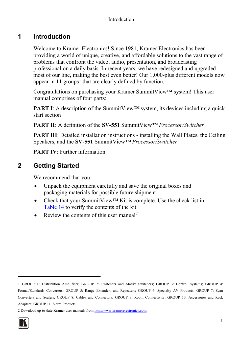 1 introduction, 2 getting started, Introduction | Getting started, 1introduction, 2getting started | Kramer Electronics SV-551ALC User Manual | Page 4 / 43