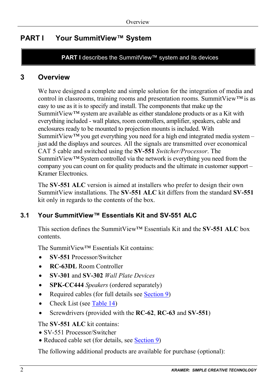 Part i your summitview™ system, 3 overview, 1 your summitview™ essentials kit and sv-551 alc | Part i, Your summitview™ system, Overview, Your summitview™ essentials kit and sv-551 alc | Kramer Electronics SV-551ALC User Manual | Page 5 / 43