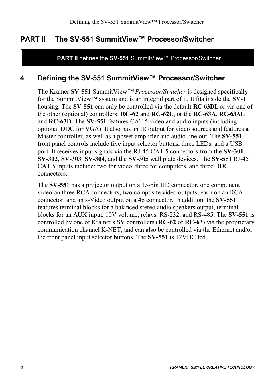 Part ii the sv-551 summitview™ processor/switcher, Part ii, The sv-551 summitview™ processor/switcher | Defining the sv-551 summitview™ processor/switcher | Kramer Electronics SV-551ALC User Manual | Page 9 / 43