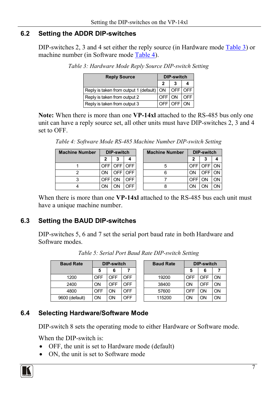 2 setting the addr dip-switches, 3 setting the baud dip-switches, 4 selecting hardware/software mode | Setting the addr dip-switches, Setting the baud dip-switches, Selecting hardware/software mode, Table 5: serial port baud rate dip-switch setting, On 6.2, On 6.4, N 6.2 | Kramer Electronics VP-14xl User Manual | Page 9 / 14