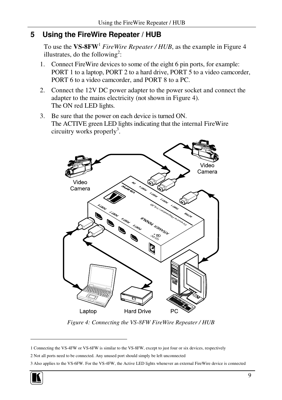 5 using the firewire repeater / hub | Kramer Electronics VS-4FW User Manual | Page 11 / 14