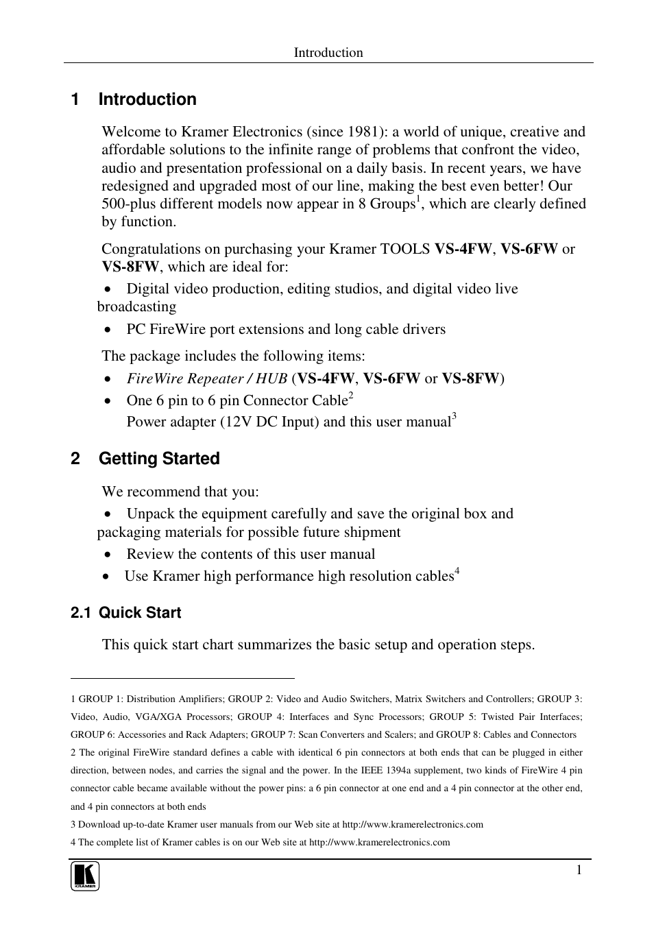 1 introduction, 2 getting started | Kramer Electronics VS-4FW User Manual | Page 3 / 14