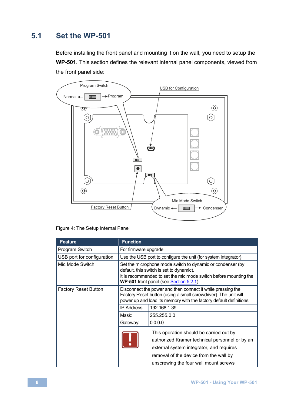 1 set the wp-501, Set the wp-501, Figure 4: the setup internal panel | N 5.1 | Kramer Electronics WP-501 User Manual | Page 10 / 16