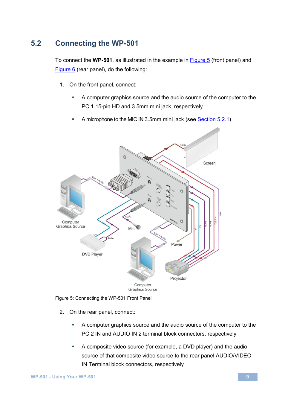 2 connecting the wp-501, Connecting the wp-501, Figure 5: connecting the wp-501 front panel | On 5.2 | Kramer Electronics WP-501 User Manual | Page 11 / 16