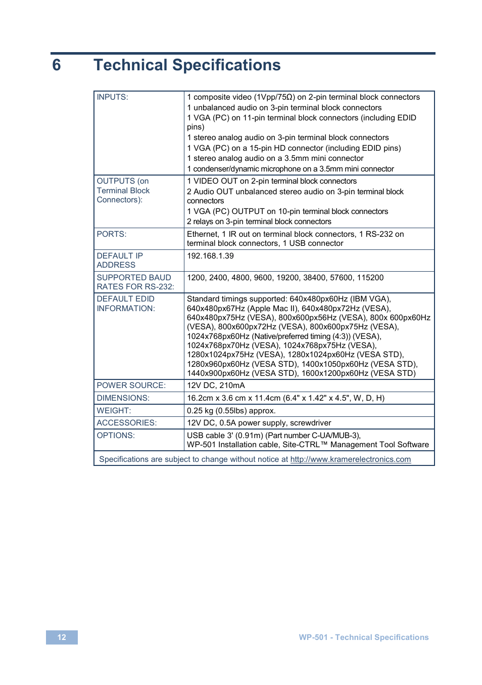 6 technical specifications, Technical specifications, 6technical specifications | Kramer Electronics WP-501 User Manual | Page 14 / 16