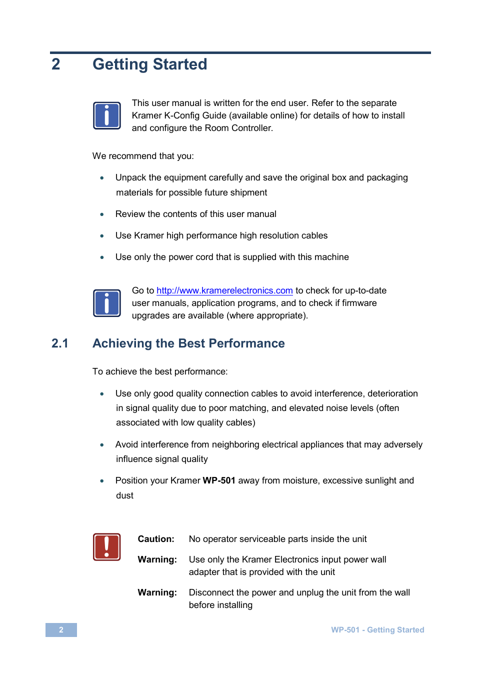 2 getting started, 1 achieving the best performance, Getting started | Achieving the best performance, 2getting started | Kramer Electronics WP-501 User Manual | Page 4 / 16