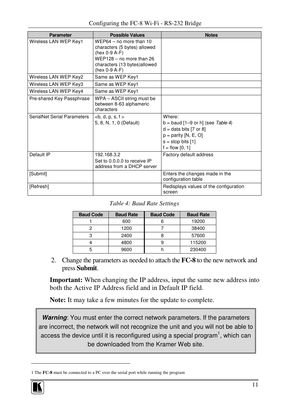 Configuring the fc-8 wi-fi - rs-232 bridge, Table 4: baud rate settings, Which can be downloaded from the kramer web site | Kramer Electronics FC-8 User Manual | Page 15 / 19