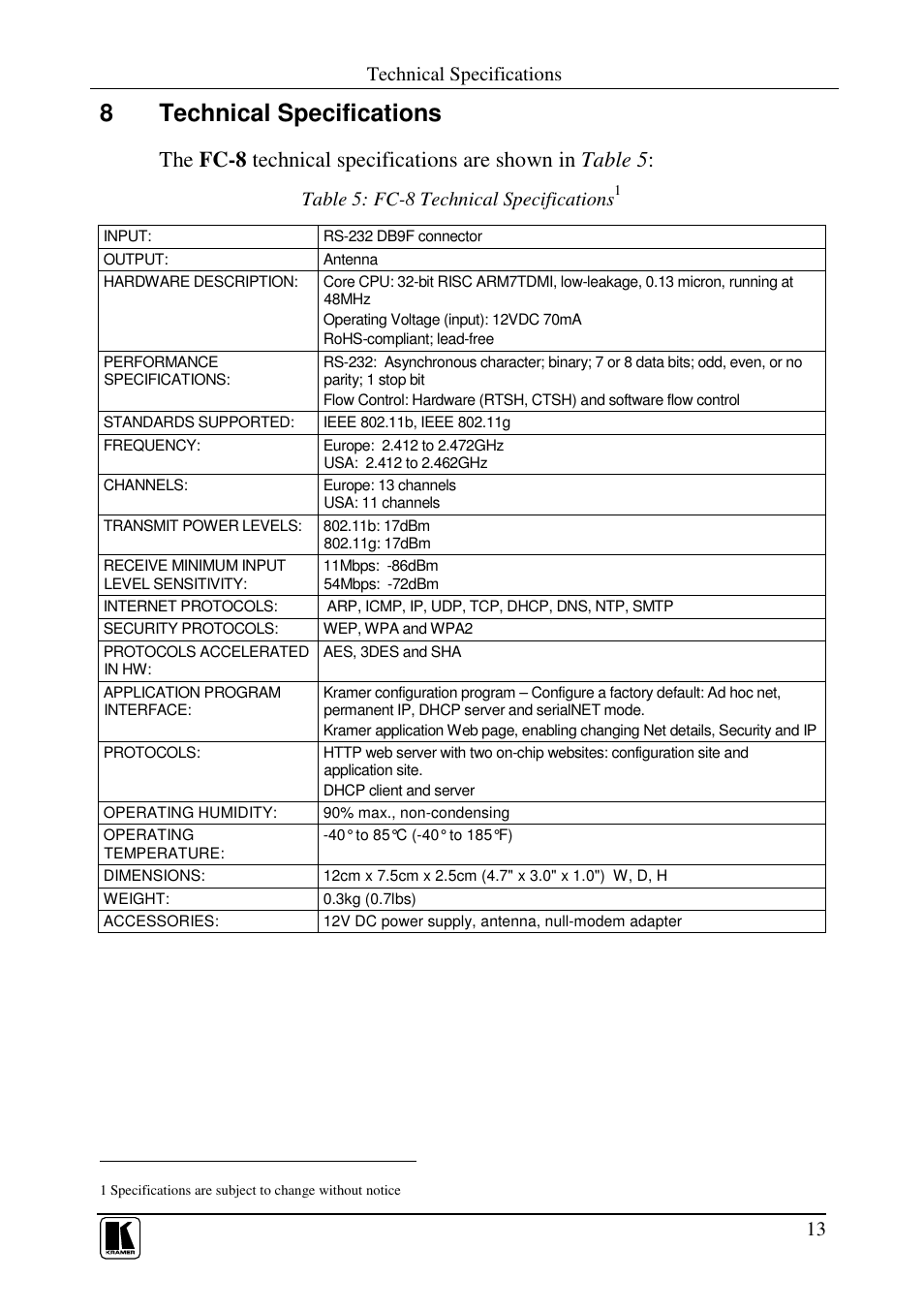 8technical specifications, Technical specifications, Table 5: fc-8 technical specifications | Kramer Electronics FC-8 User Manual | Page 17 / 19