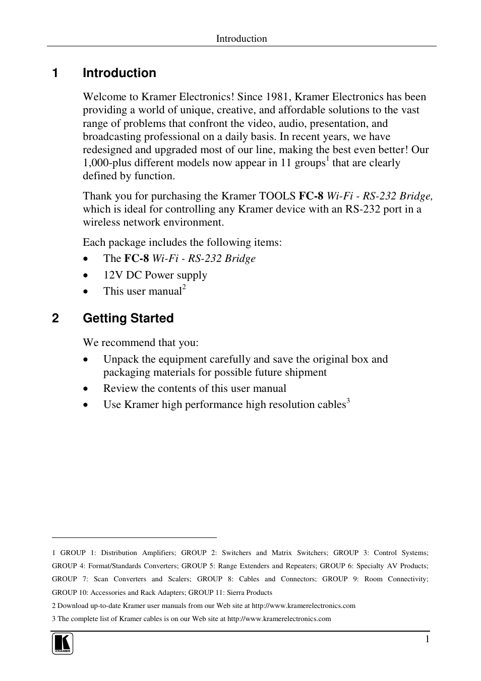 1introduction, 2getting started | Kramer Electronics FC-8 User Manual | Page 5 / 19
