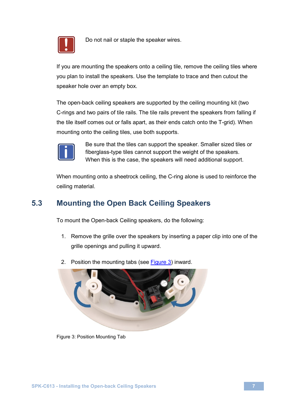 3 mounting the open back ceiling speakers, Mounting the open back ceiling speakers, Figure 3: position mounting tab | Kramer Electronics Galil 6-CO User Manual | Page 11 / 20