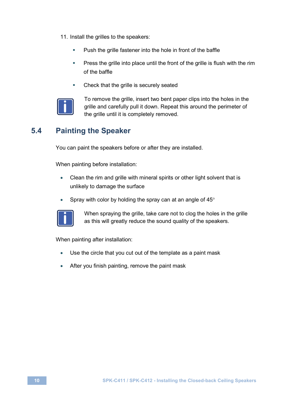 4 painting the speaker, Painting the speaker, N 5.4 | Kramer Electronics SPK-C411(PAIR) User Manual | Page 14 / 20