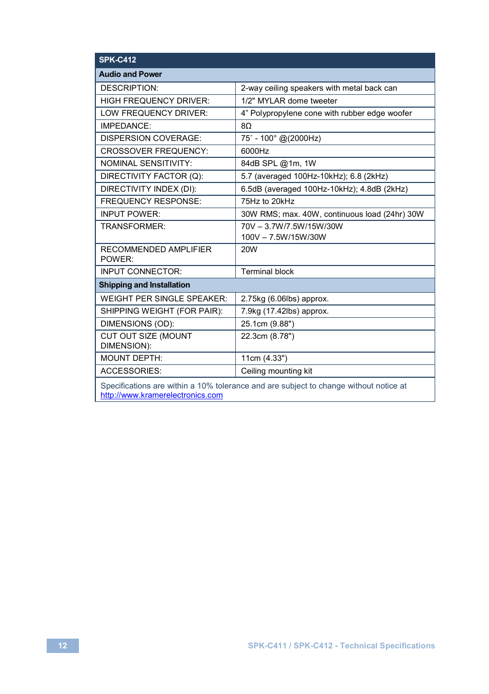 Kramer Electronics SPK-C411(PAIR) User Manual | Page 16 / 20