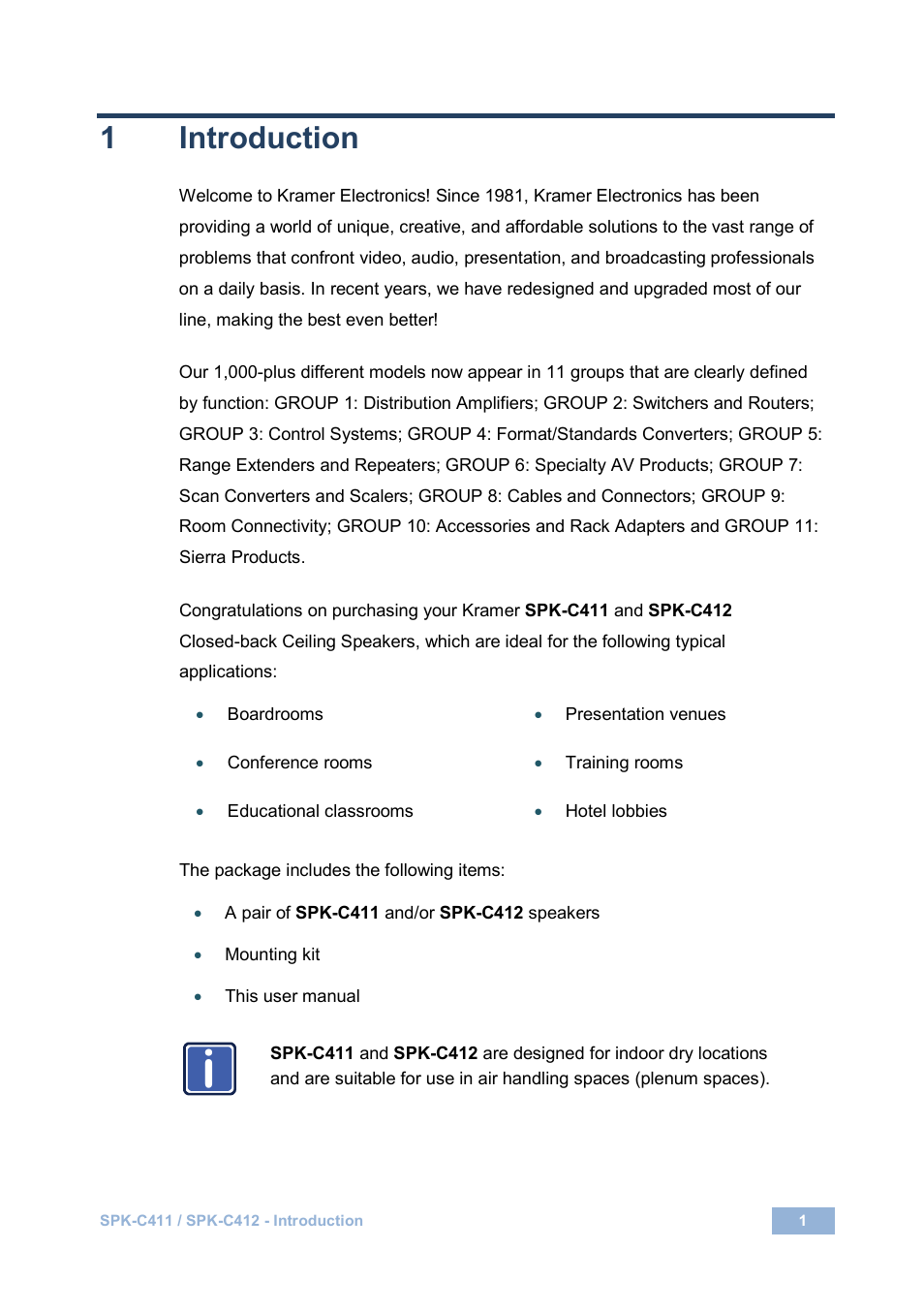 1 introduction, Introduction, 1introduction | Kramer Electronics SPK-C411(PAIR) User Manual | Page 5 / 20