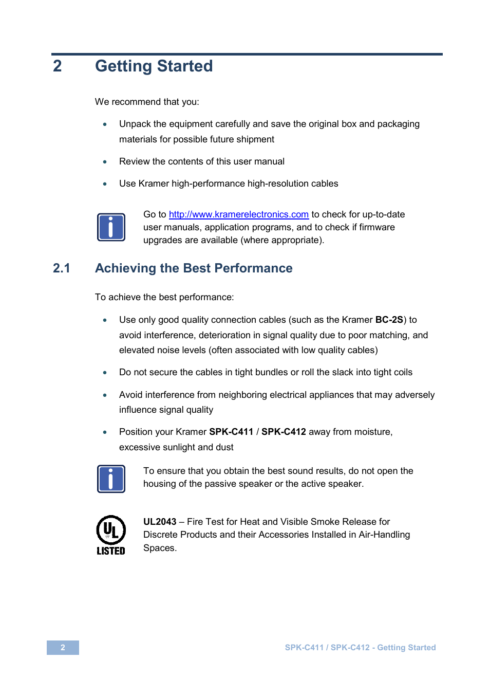 2 getting started, 1 achieving the best performance, Getting started | Achieving the best performance, 2getting started | Kramer Electronics SPK-C411(PAIR) User Manual | Page 6 / 20