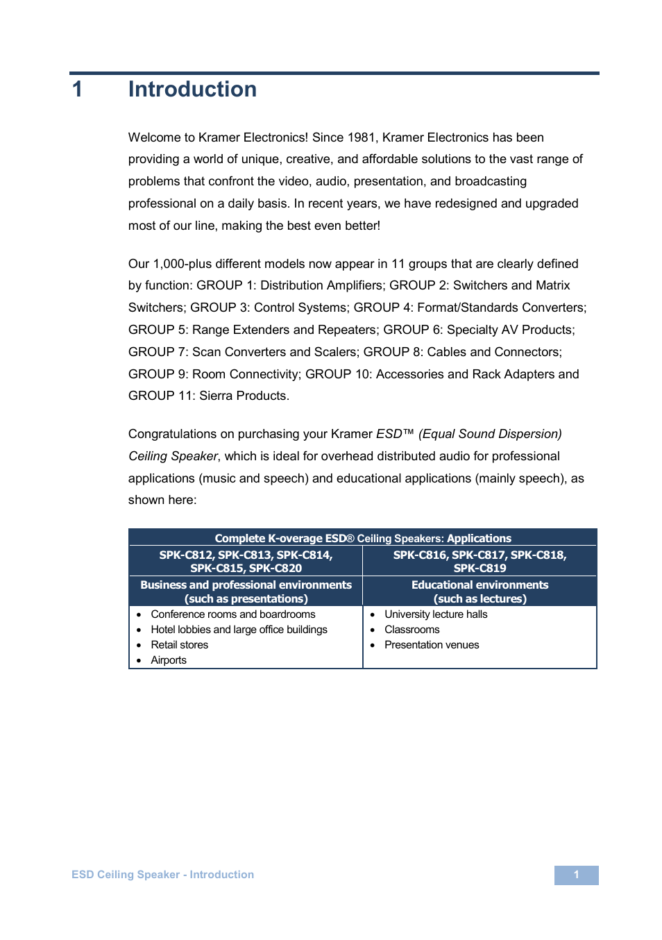 1 introduction, Introduction, 1introduction | Kramer Electronics SPK-C800-PRO User Manual | Page 3 / 18