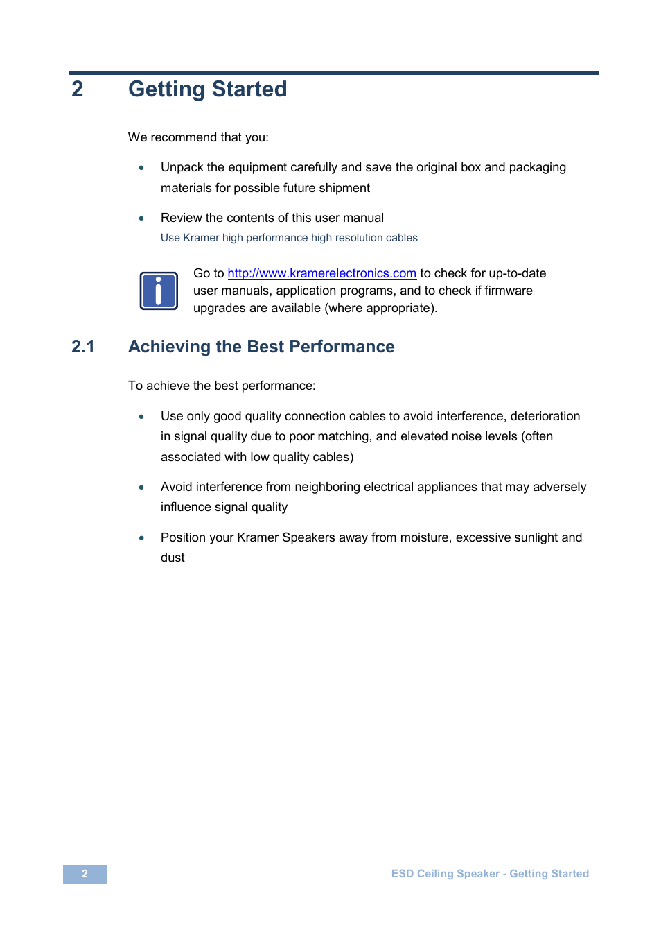 2 getting started, 1 achieving the best performance, Getting started | Achieving the best performance, 2getting started | Kramer Electronics SPK-C800-PRO User Manual | Page 4 / 18