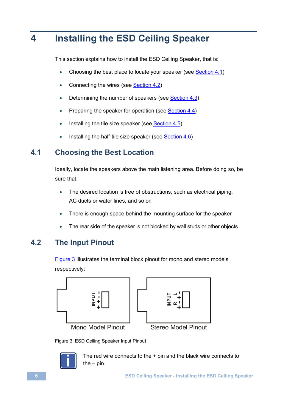 4 installing the esd ceiling speaker, 1 choosing the best location, 2 the input pinout | Installing the esd ceiling speaker, Choosing the best location, The input pinout, Figure 3: esd ceiling speaker input pinout, N 4.2, 4installing the esd ceiling speaker | Kramer Electronics SPK-C800-PRO User Manual | Page 8 / 18