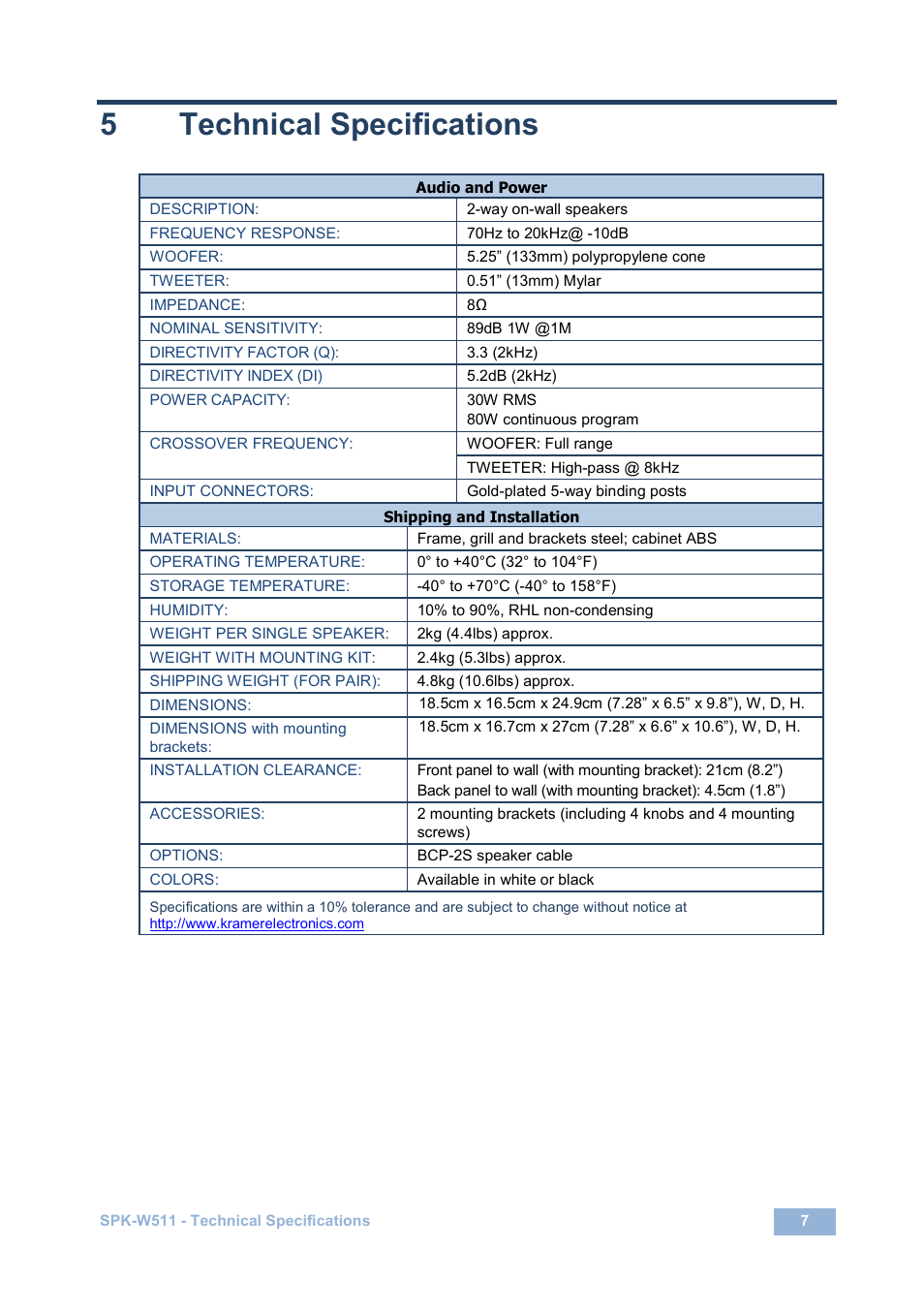 5 technical specifications, Technical specifications, 5technical specifications | Kramer Electronics SPK-W511(PAIR) User Manual | Page 10 / 12
