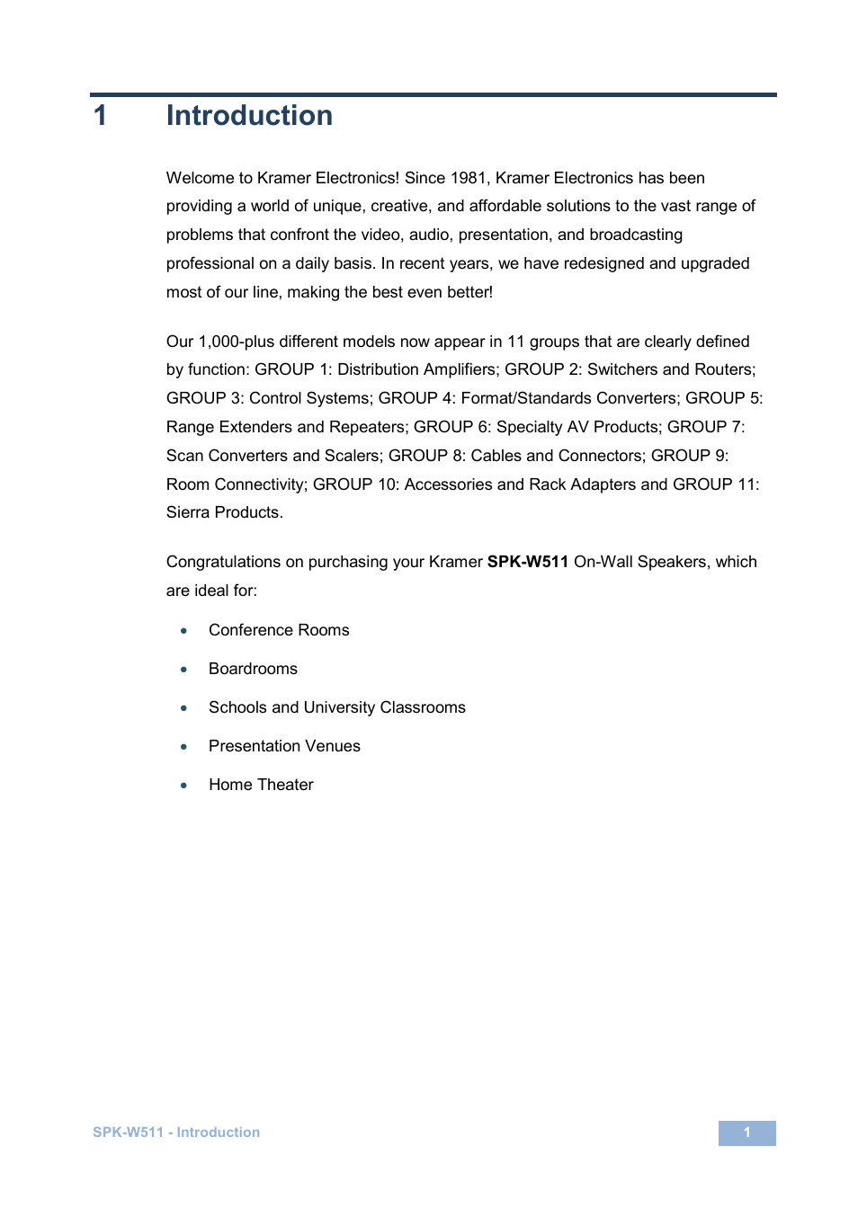 1 introduction, Introduction, 1introduction | Kramer Electronics SPK-W511(PAIR) User Manual | Page 4 / 12
