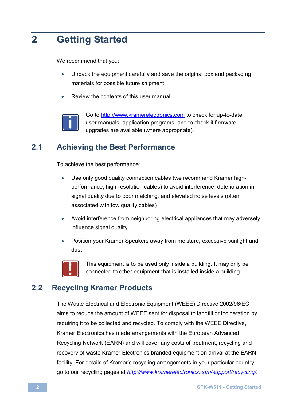2 getting started, 1 achieving the best performance, 2 recycling kramer products | Getting started, Achieving the best performance, Recycling kramer products, 2getting started | Kramer Electronics SPK-W511(PAIR) User Manual | Page 5 / 12