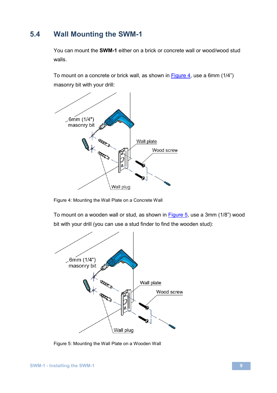 4 wall mounting the swm-1, Wall mounting the swm-1, Figure 5: mounting the wall plate on a wooden wall | Kramer Electronics SWM-1 User Manual | Page 11 / 15