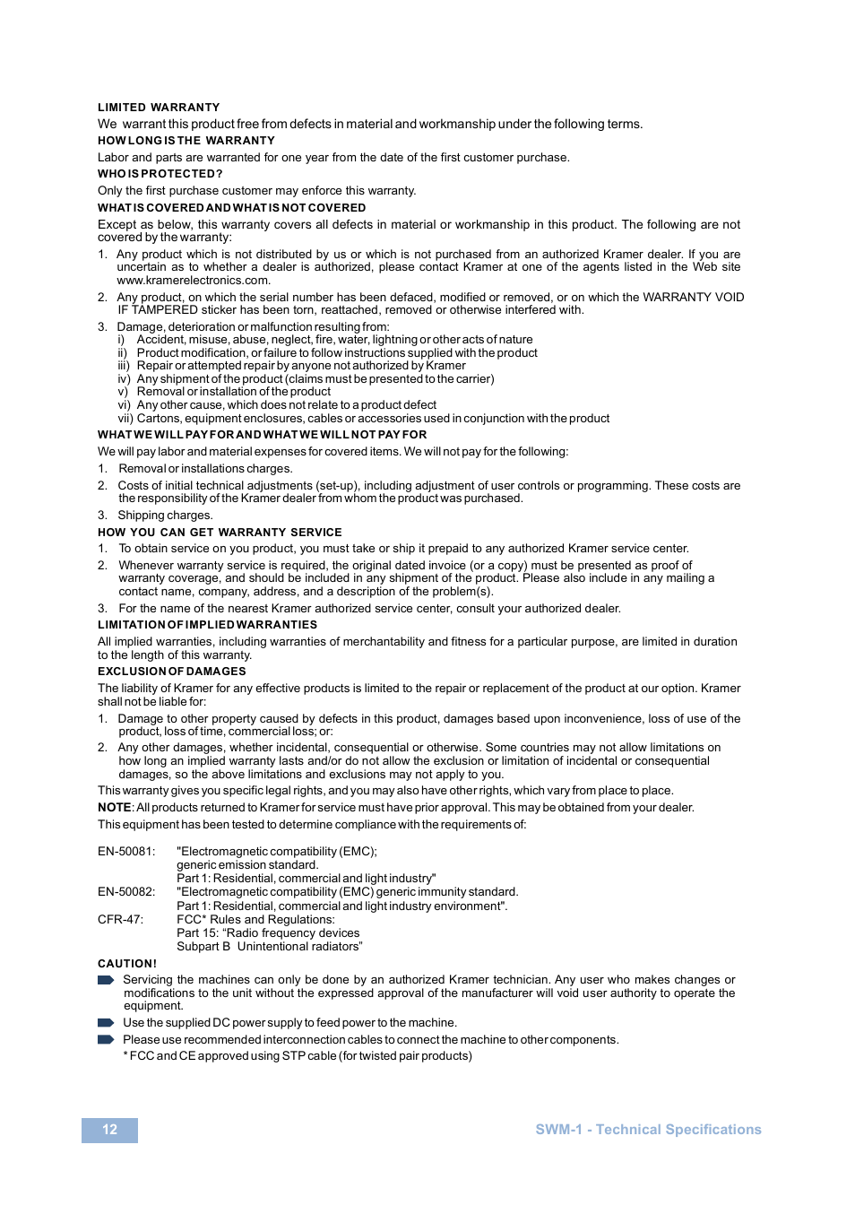 Kramer Electronics SWM-1 User Manual | Page 14 / 15