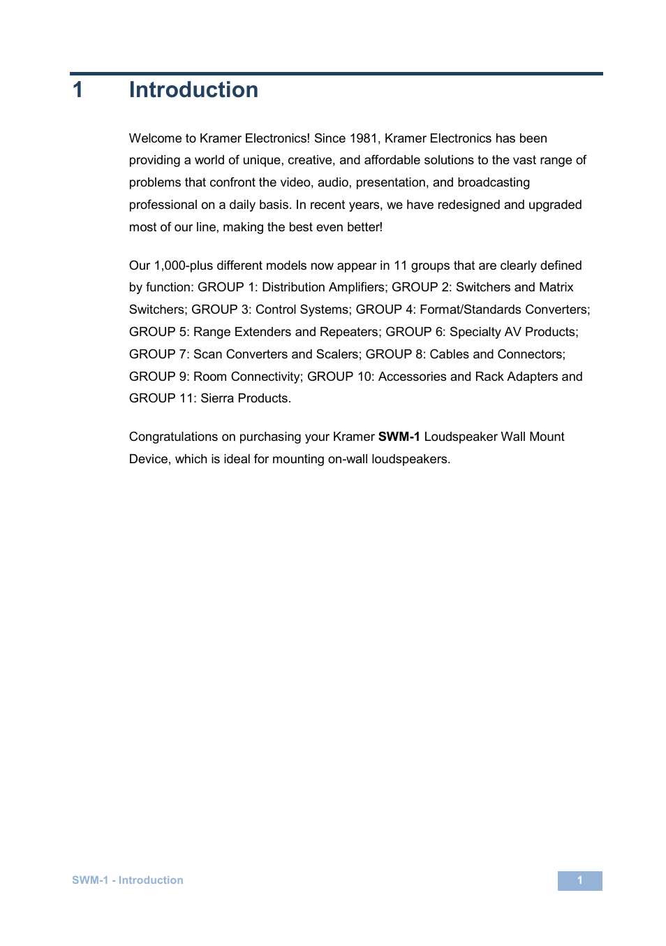 1 introduction, Introduction, 1introduction | Kramer Electronics SWM-1 User Manual | Page 3 / 15