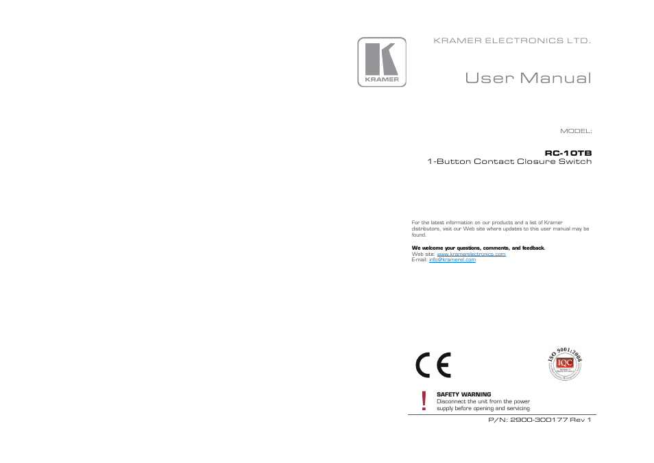 User manual | Kramer Electronics RC-10TB User Manual | Page 2 / 2