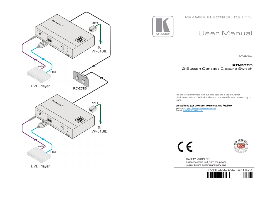 User manual | Kramer Electronics RC-20TB User Manual | Page 2 / 2