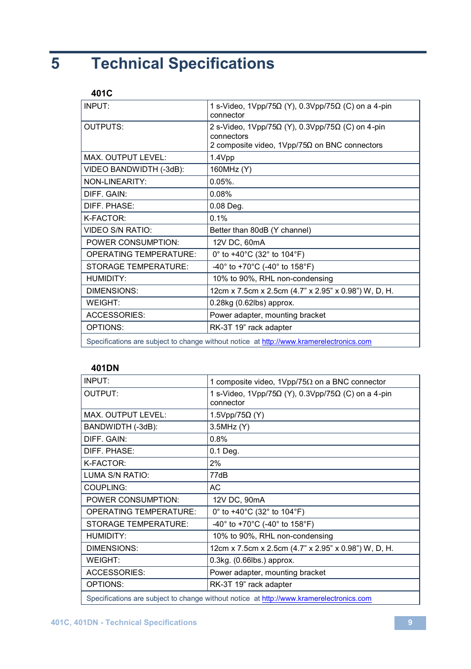 5 technical specifications, Technical specifications, 5technical specifications | Kramer Electronics 401DN User Manual | Page 12 / 14