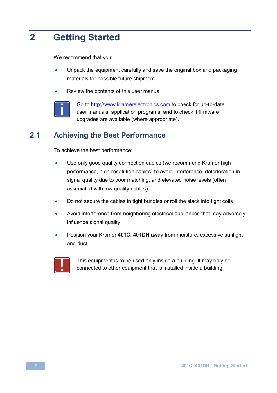 2 getting started, 1 achieving the best performance, Getting started | Achieving the best performance, 2getting started | Kramer Electronics 401DN User Manual | Page 5 / 14