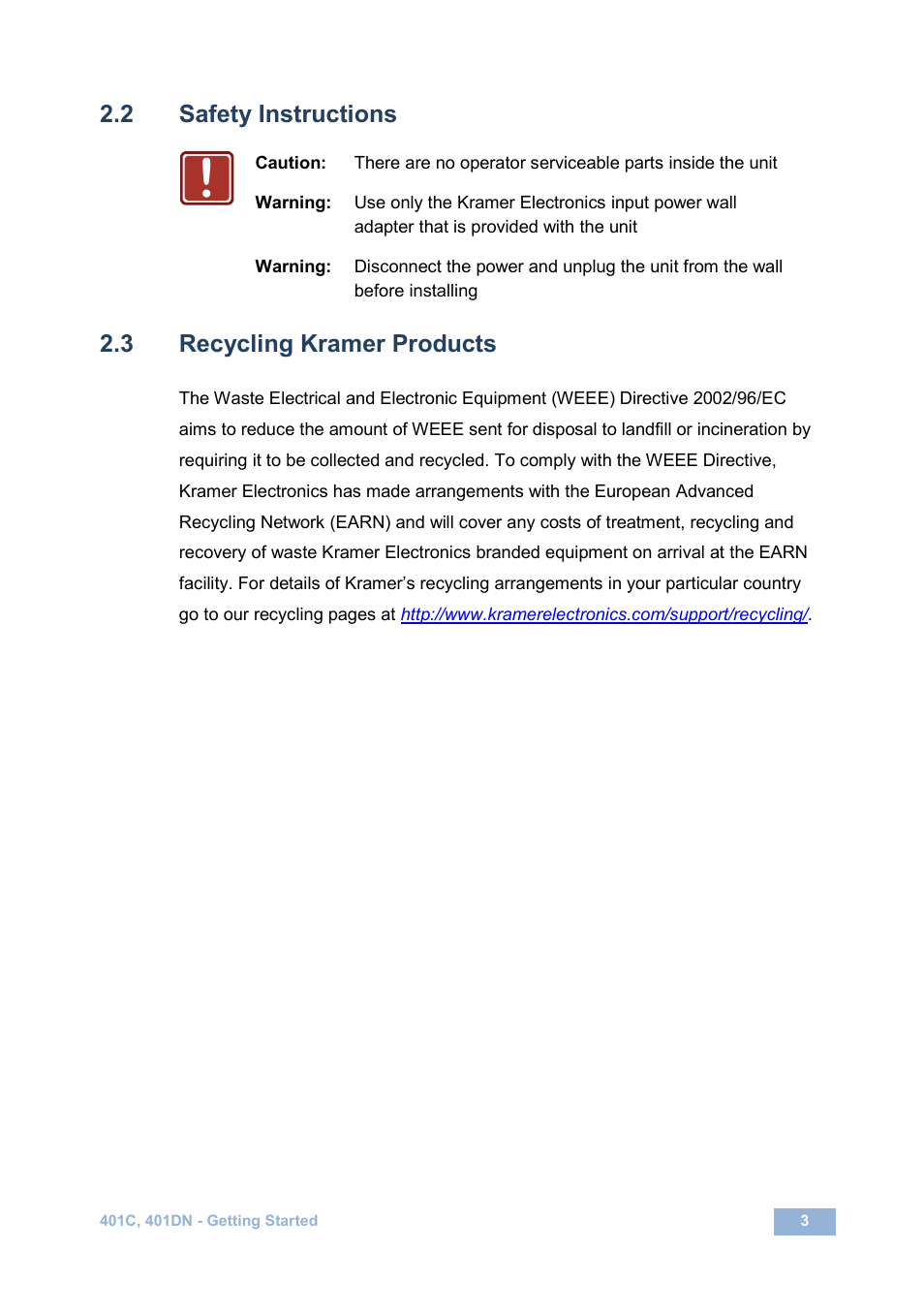 2 safety instructions, 3 recycling kramer products, Safety instructions | Recycling kramer products | Kramer Electronics 401DN User Manual | Page 6 / 14