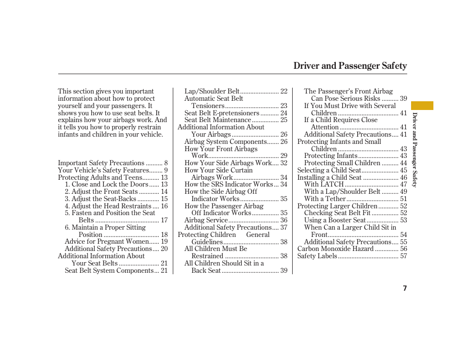 Driver and passenger safety | Acura 2008 RL User Manual | Page 13 / 502