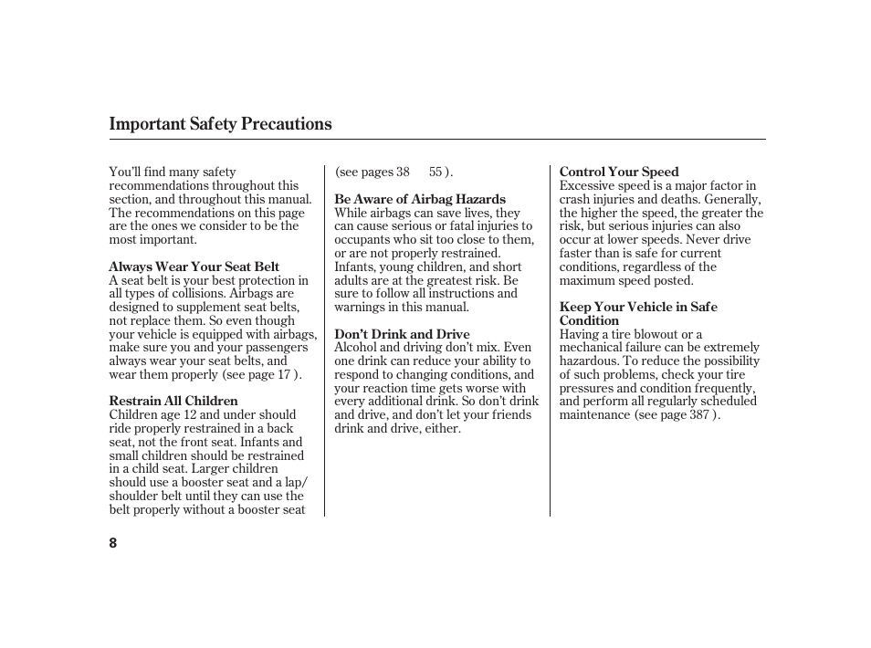 Important safety precautions | Acura 2008 RL User Manual | Page 14 / 502