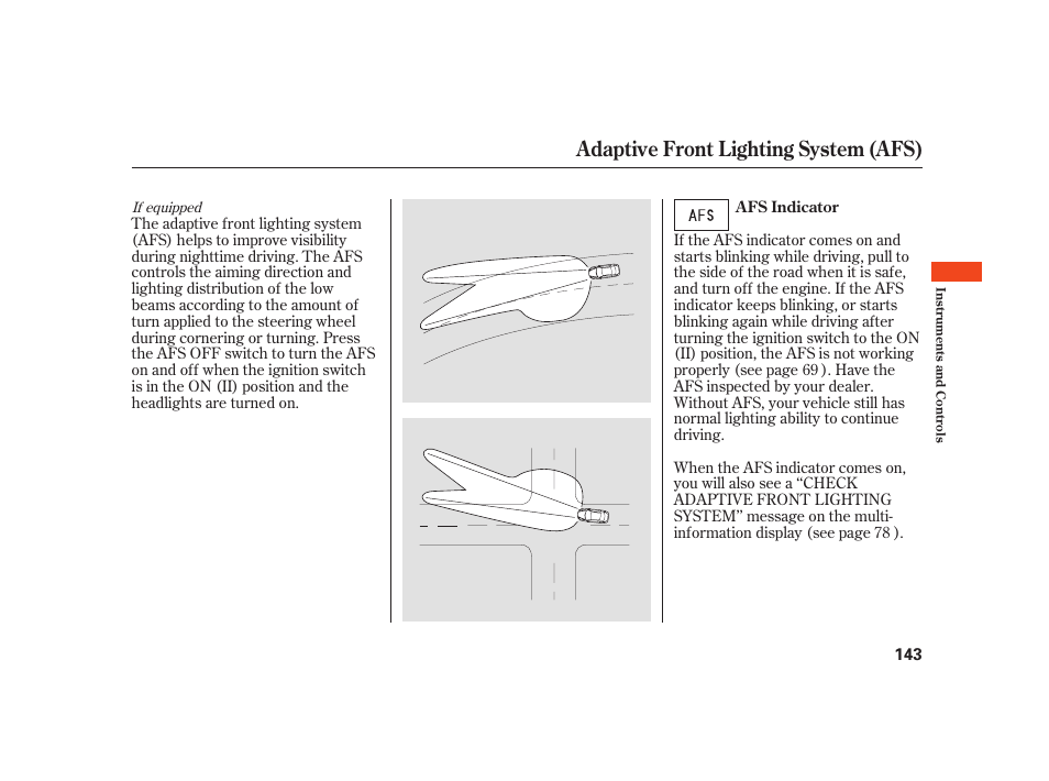 Adaptive front lighting system (afs) | Acura 2008 RL User Manual | Page 149 / 502