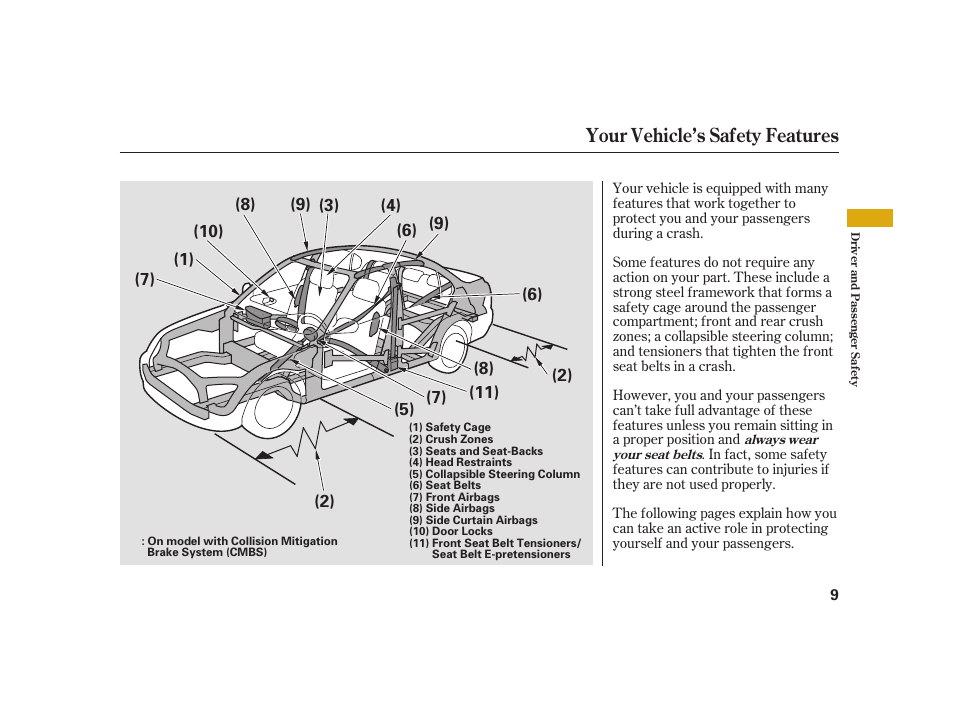 Your vehicle’s safety features | Acura 2008 RL User Manual | Page 15 / 502