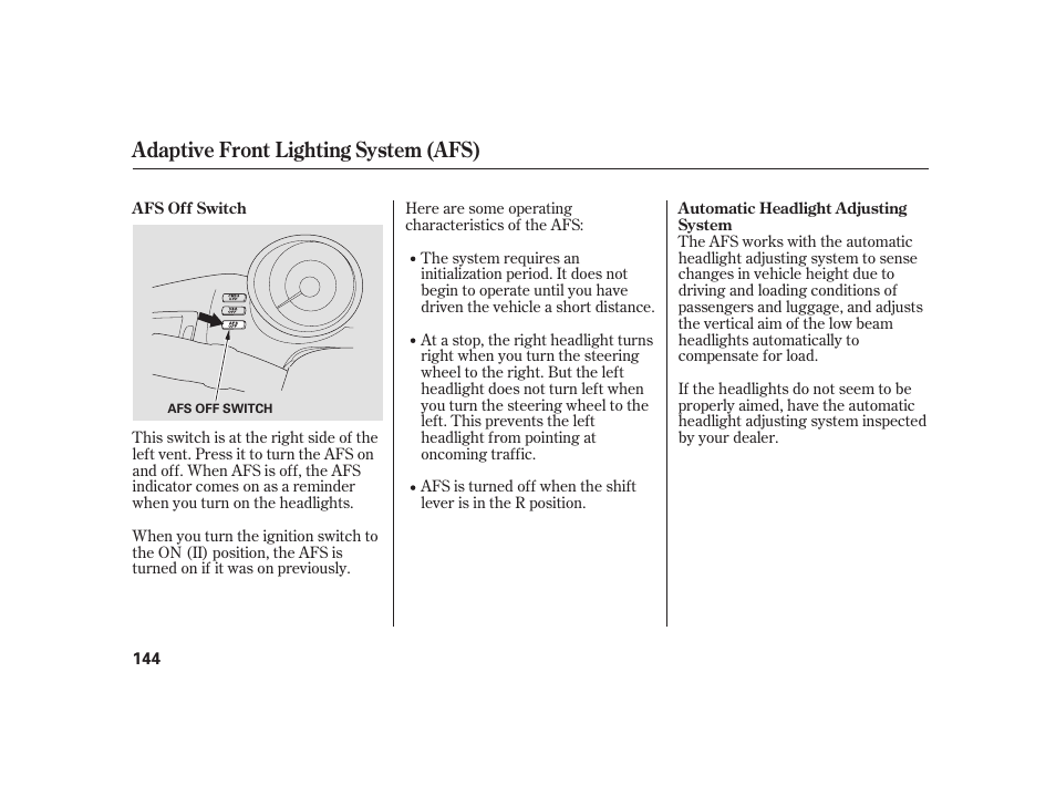 Adaptive front lighting system (afs) | Acura 2008 RL User Manual | Page 150 / 502