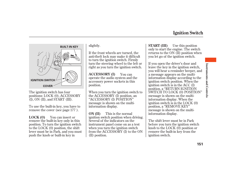 Ignition switch | Acura 2008 RL User Manual | Page 157 / 502