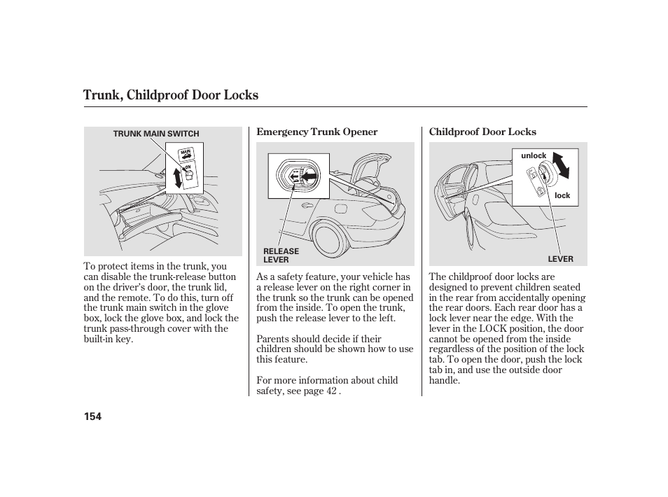 Trunk, childproof door locks | Acura 2008 RL User Manual | Page 160 / 502