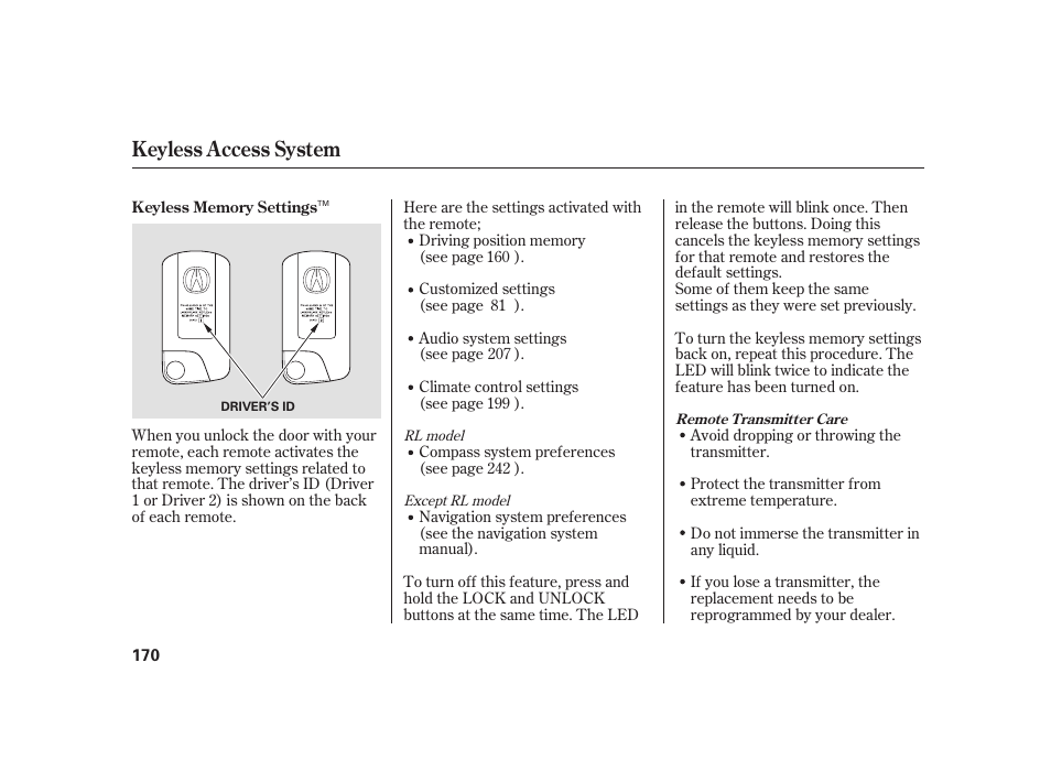Keyless access system | Acura 2008 RL User Manual | Page 176 / 502
